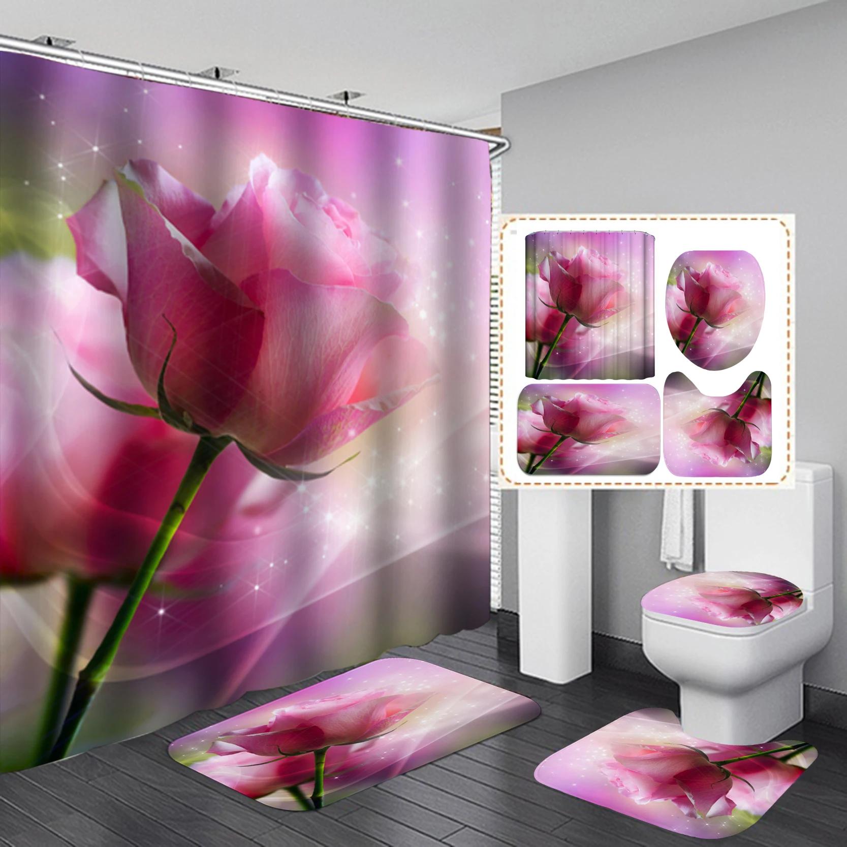 

Rose Flower Waterproof Polyester Shower Curtain Set Nature Flowers Bathroom Curtains Set Non-Slip Bath Rug Toilet Cover Mat W60H190(CM)-1 Pcs