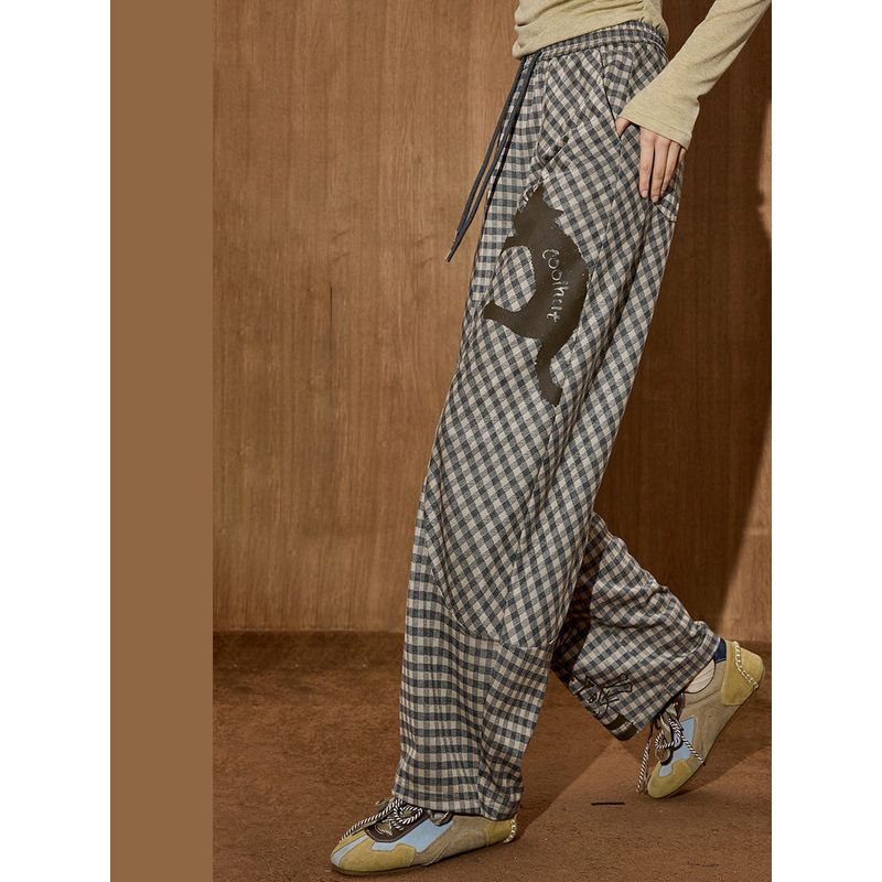Coolhut British Style Design High-Waisted Spring and Autumn New Plaid Color-Blocking Retro Slimming Wide-Leg Pants Women's Casual Pants