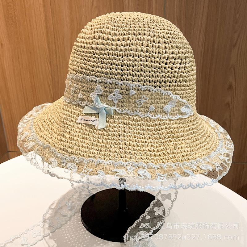 French small floral lace edge strap breathable straw hat women's summer braided butterfly brim foldable lightweight top hat