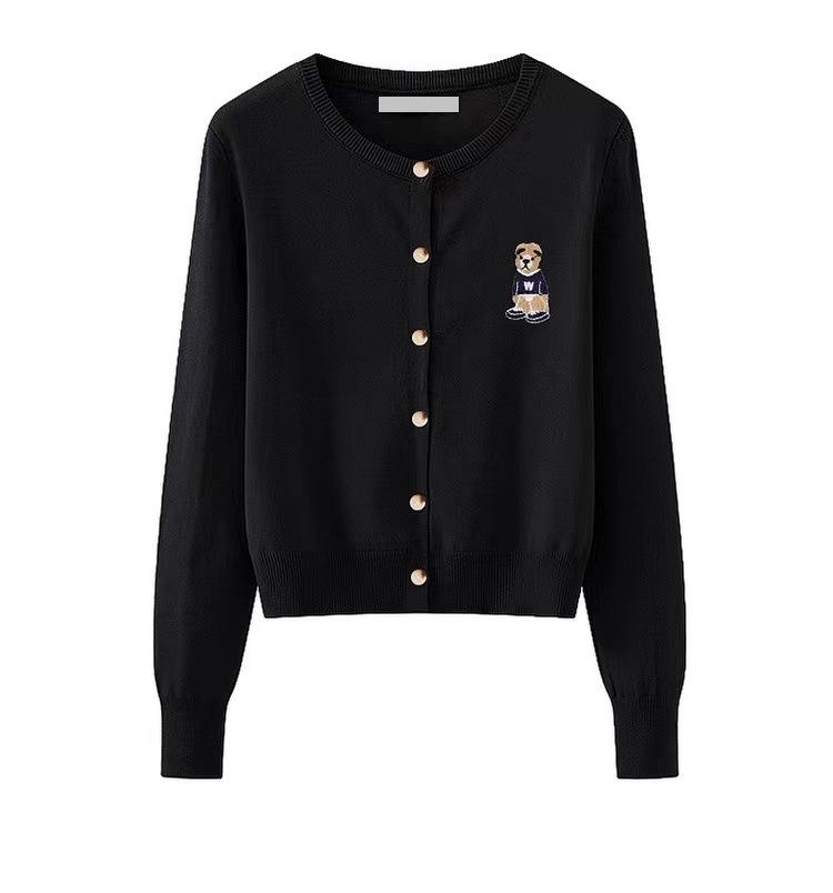 Podzimní preppy styl pletený kardigan s medvídkovou výšivkou, slim fit, všestranný top s dlouhým rukávem a kulatým výstřihem pro ženy