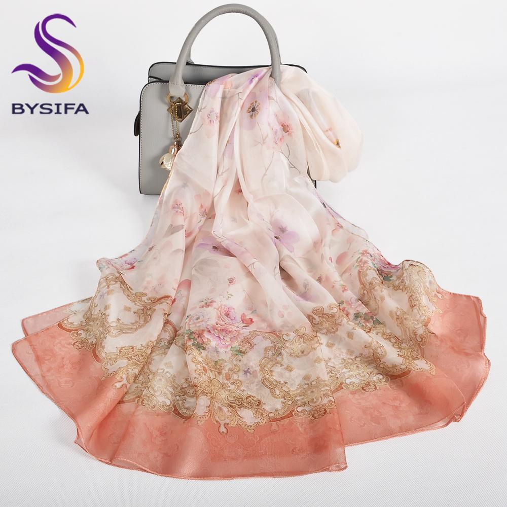 [BYSIFA] Purple 100% Mulberry Silk Scarf Wrap Fall Winter Magnolia Design Long Scarves Shawls Women Spring Summer Beach Shawl
