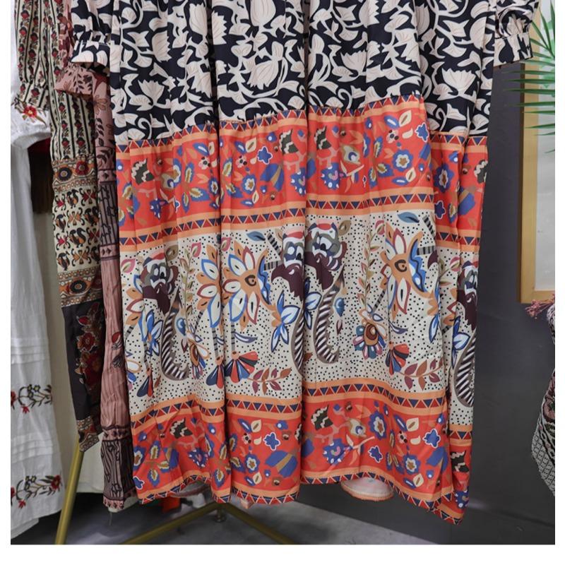 Dovolená Bohémský potisk Dlouhé šaty Jaro Podzim Retro Volné oblečení Elegantní Dlouhý rukáv Výstřih do V Šněrování Květinové Etnický styl Šaty