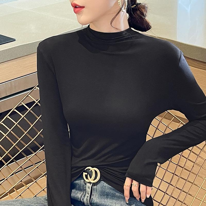 Modal semi-turtleneck bottoming shirt women's summer long-sleeved t-shirt with new women's clothing thin black top