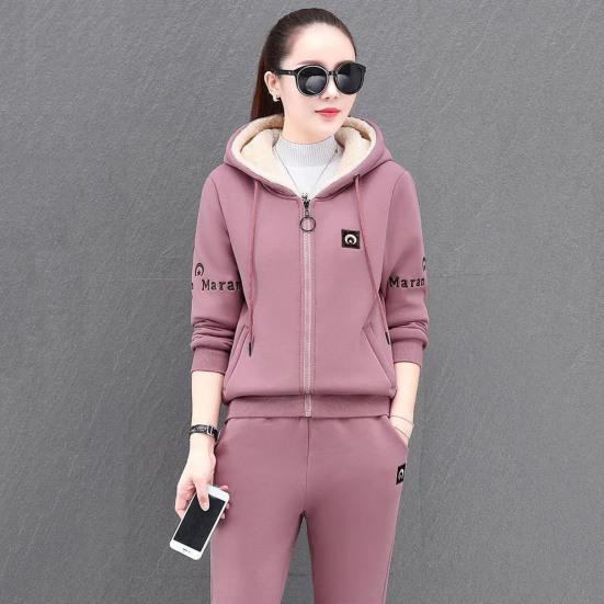 2 Teile/satz Frauen Mantel Hosen Anzug Mit Kapuze Kordelzug Brief Stickerei Dicken Plüsch Lange Sleeve Zipper Verschluss Taschen Elastische Taille Dame winter