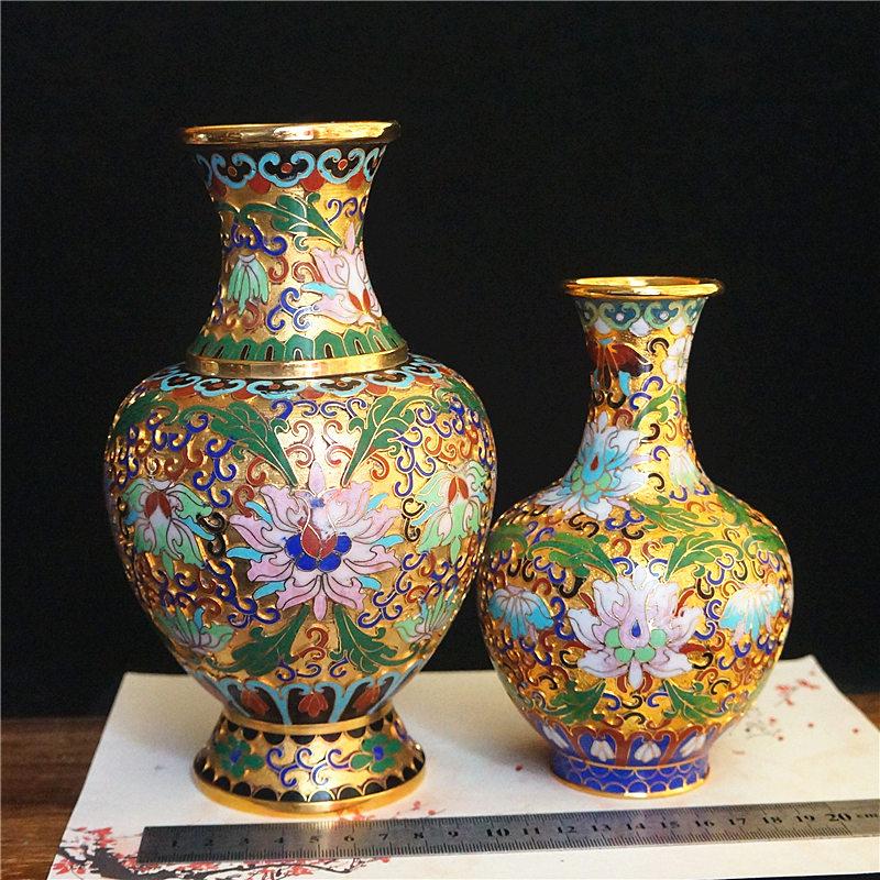 Vintage Cloisonne Vase Traditional Handmade Copper Wire Enamel Craft Golden Base Home Decor