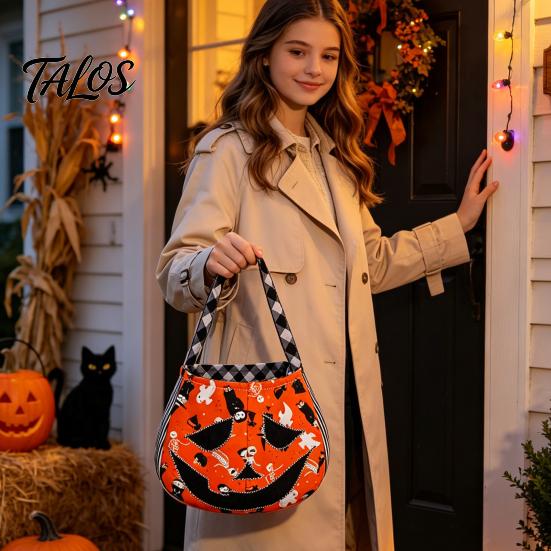 Kids Pumpkin Goodie Bags Halloween Trick‑or‑Treat Tote Bag, Ghost Face Candy Handbag, Party Favor Holders Reusable Bag for Costume Accessory