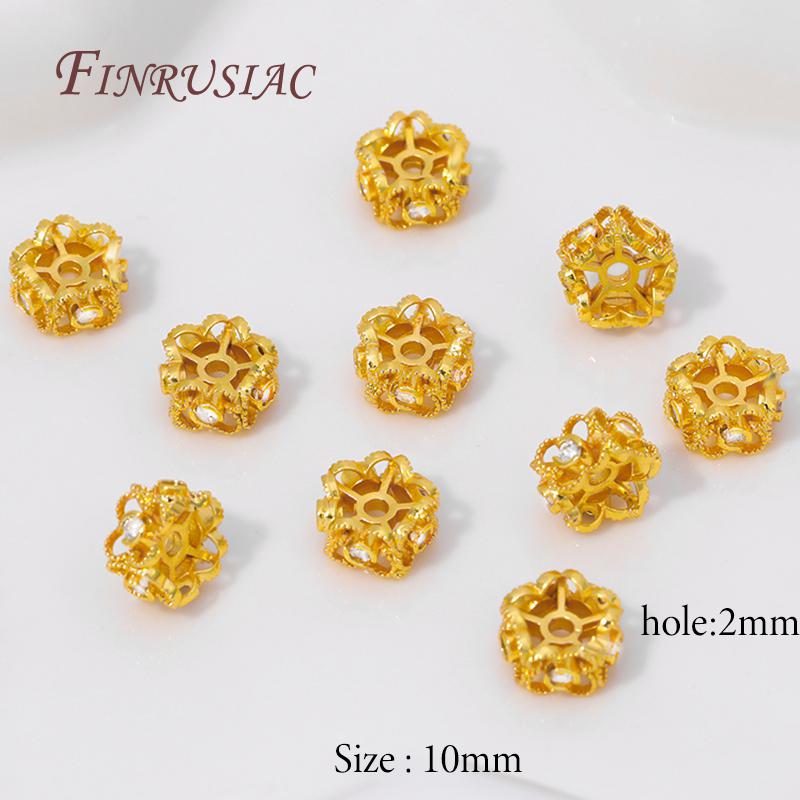 2/4/6pcs 18K Gold Plated Round Flower Beads with Zircon,Metal Separator Beads,Decorative Beads DIY Bracelets Jewelry Accessories