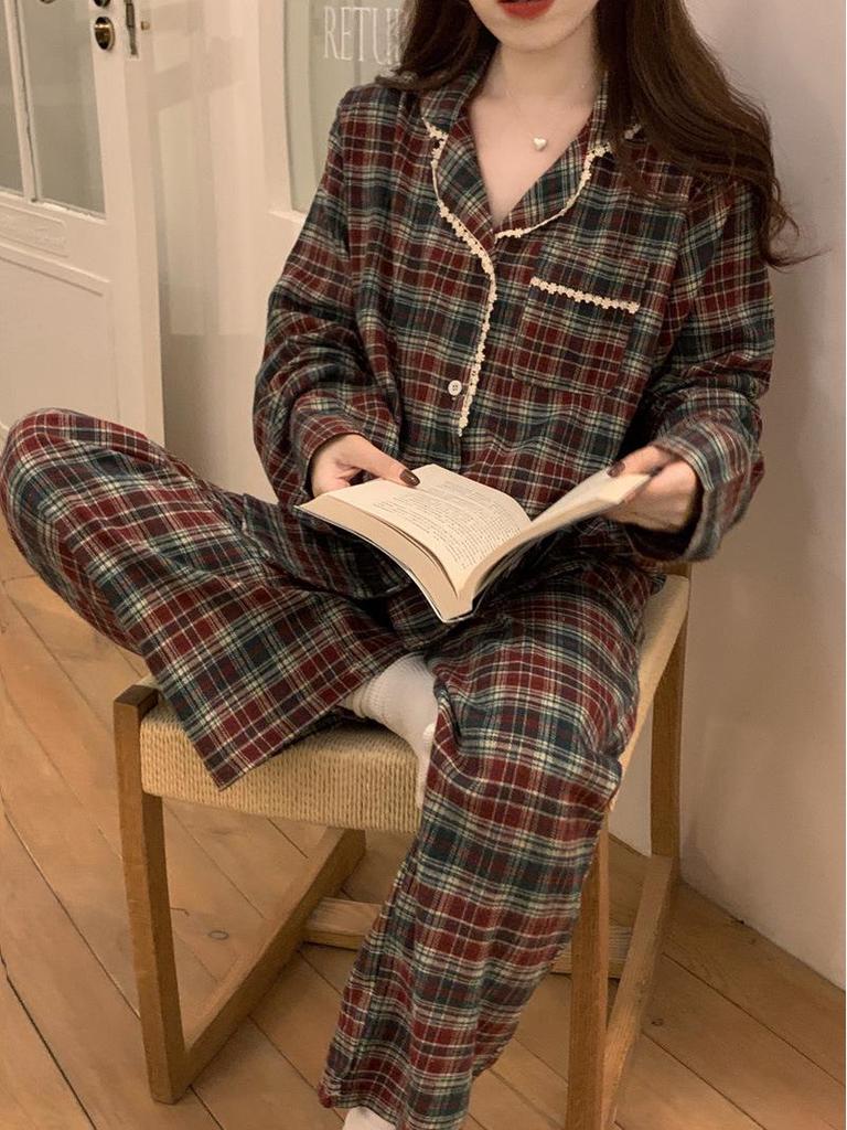 Japanese & Korean Style Couple's Plaid Lace Long-Sleeve Pajama Set