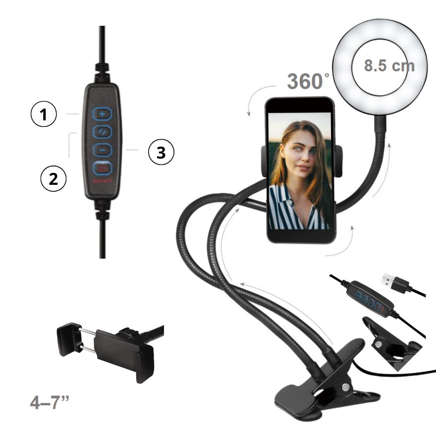 LED ring lamp 8.5 cm clamp holder for smartphone color brightness adjustment USB