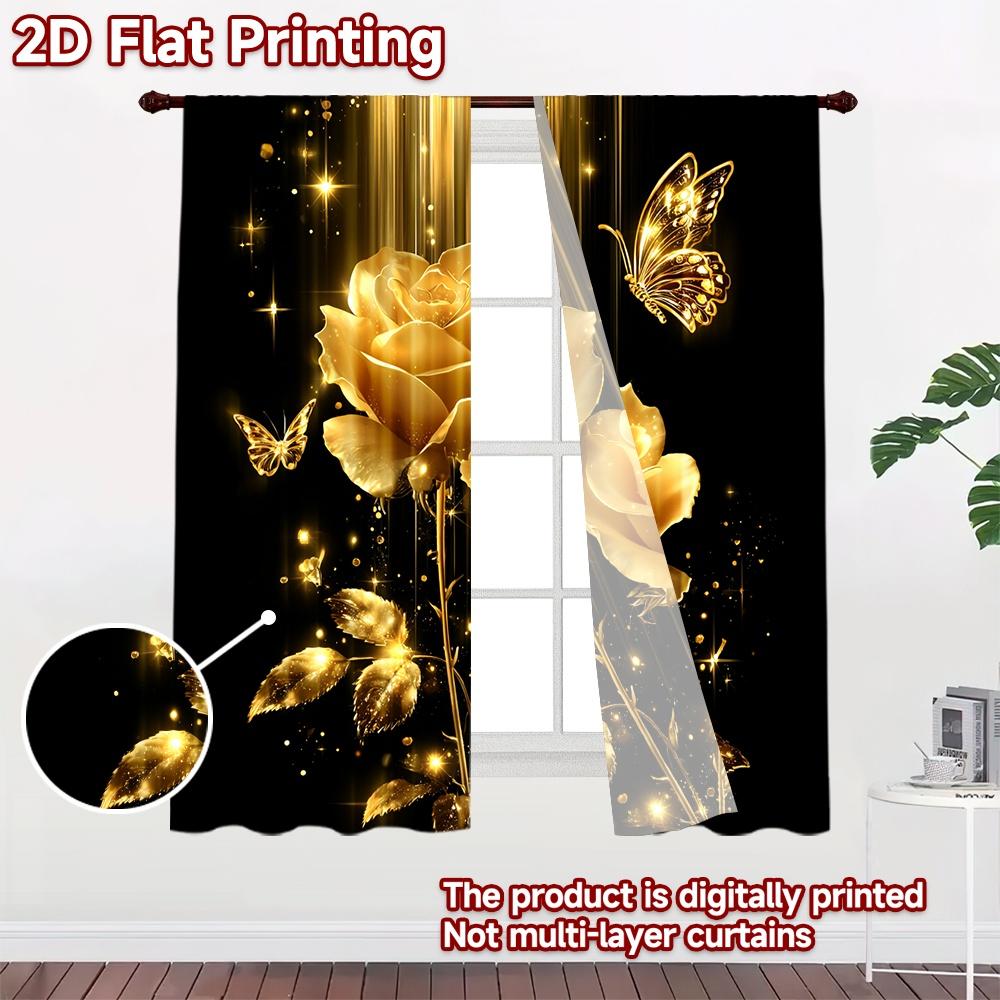 2D Flat Printing 2pcs Curtain Party Curtains Golden Roses and Butterflies Digital Printed Polyester Drapes Family Party Perfect