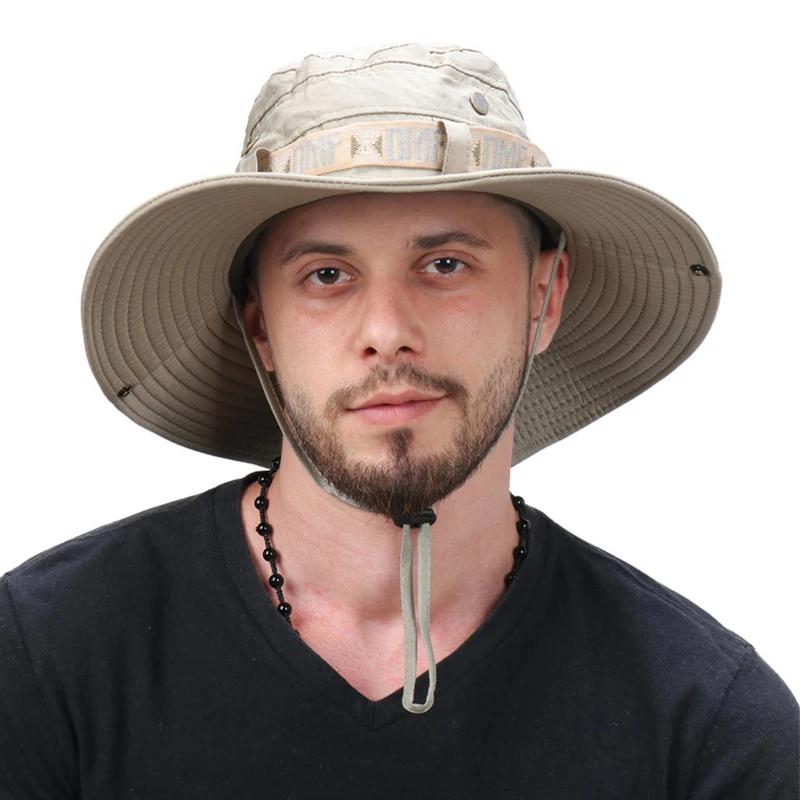 New Summer Men Bucket Hat Outdoor Uv Protection Wide Brim Fishing Caps Fashion Safari Hunting Panama Hat Beach Sunscreen Cap