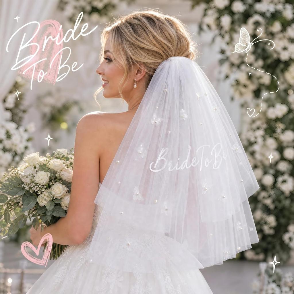 White Short Wedding Veil Short Bridal Veils Pearl Bride Veils | Bachelorette Party Veil,Bachelorette Party Accessories Bridal Shower Gifts for Women