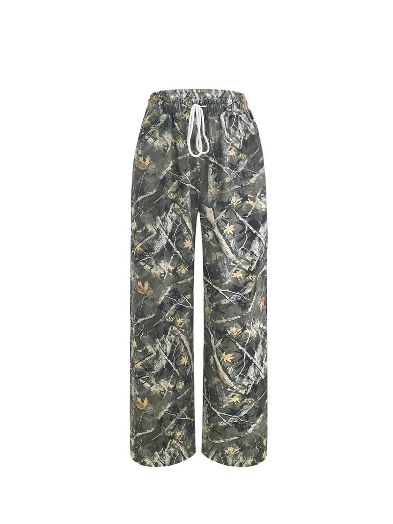 Girls' Fashionable Casual Waist Cinching Camouflage Printed Wide Leg Loose Straight Leg Pants In Spring, Summer, and Autumn