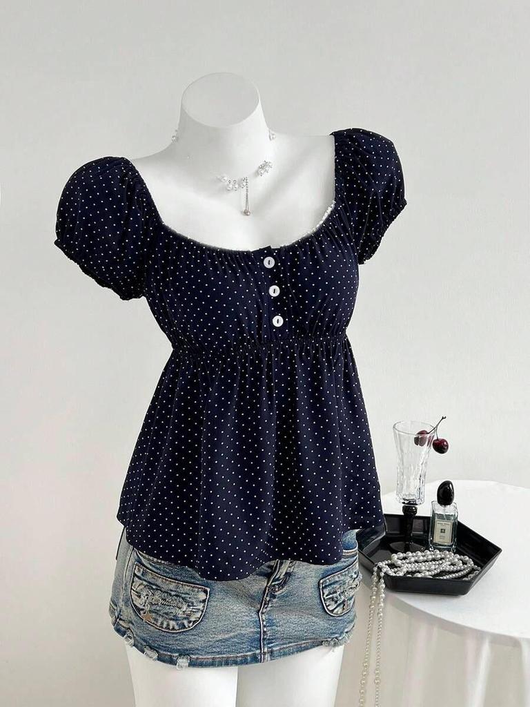 Summer 2026 Women's Polka Dot Puff Sleeve French Square Neck Slim Waist Top