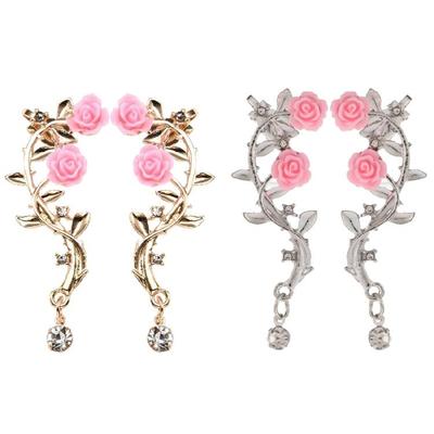 Pink Rose Ear Stud Cuff Elegant Flower Stud Piercing Earring for Women Present