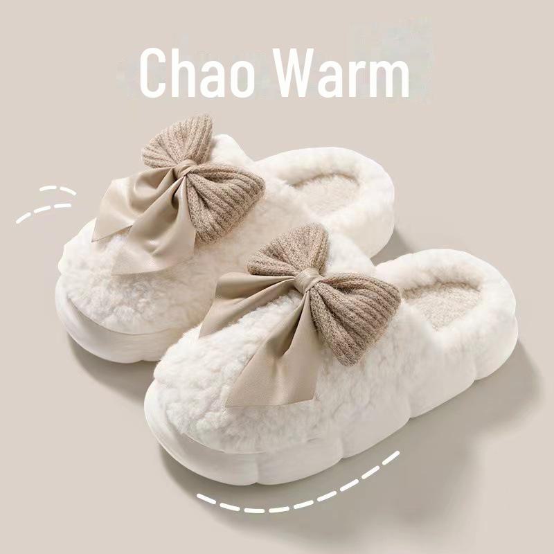 Damskie przytulne pluszowe bawełniane kapcie z kokardą - antypoślizgowe, ciepłe, uroczy design na jesień/zimę