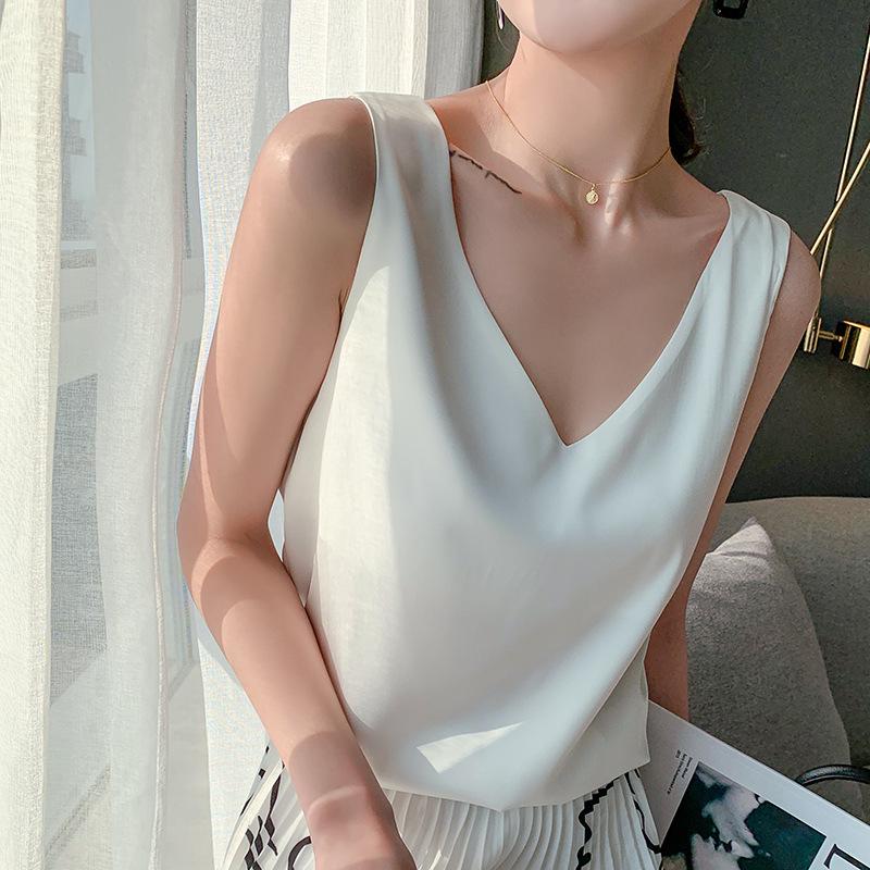 Women's Silk Satin V-neck Acetate Camisole: Ideal Inner Base Layer for Suits, Spring/Summer, Black & White