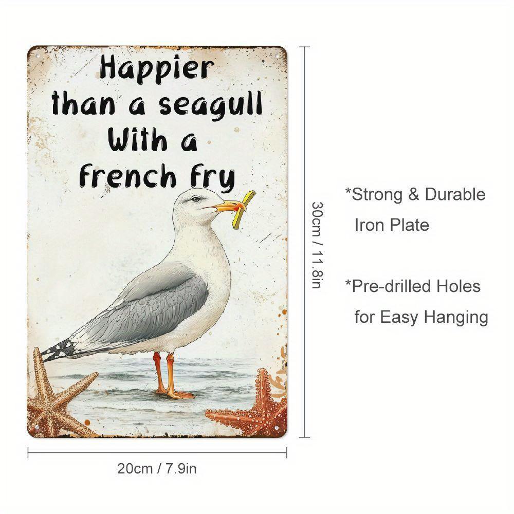 Забавная Чайка с Картошкой Фри Металлическая Вывеска – Прибрежное Морское Настенное Искусство с Рустикальным Декором Пляжного Домика, Жестяная Вывеска для Дома, Кухни 20x30cm（7.8x11.8inch）
