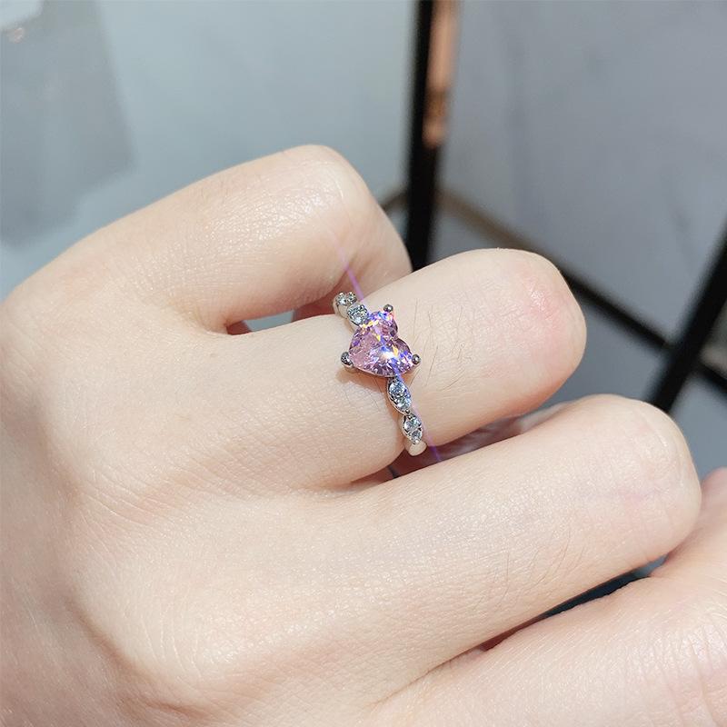 New Love Ring Women's Diamond Simulation Pink Diamond Yellow Diamond Simple Zircon Peach Heart Ring Jewelry