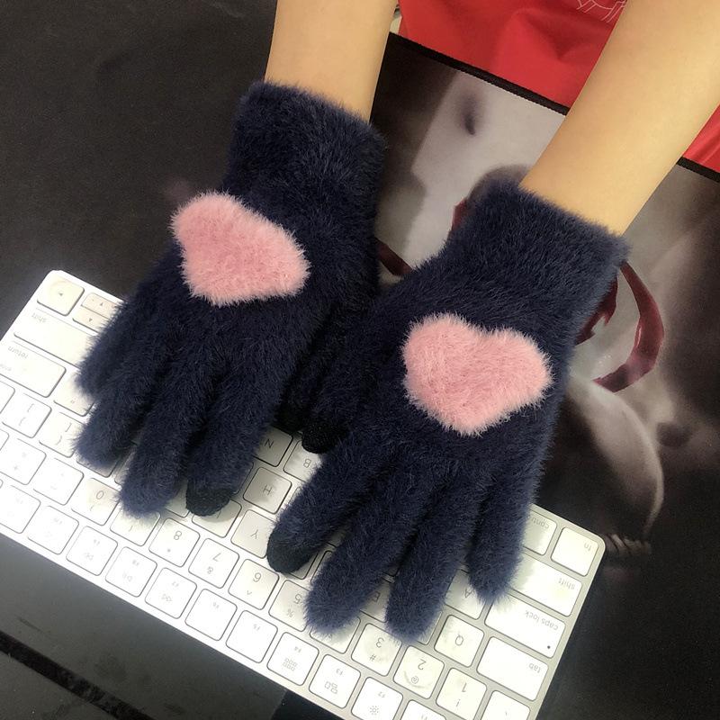 Winter Mink Plush Cold Resistant Gloves Suitable For Women's Soft And Warm Cute Solid Color Knitted Five Finger Gloves