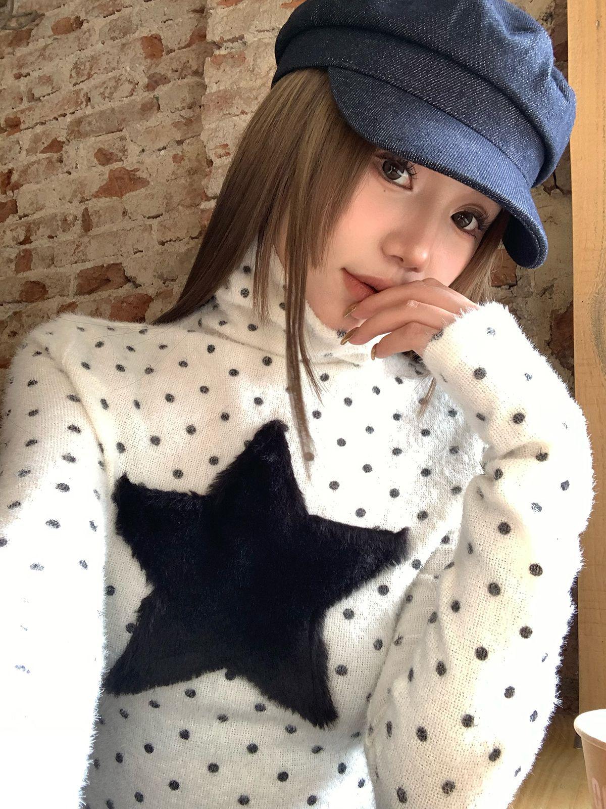 

Women s High Neck Mink Fur Collar Polka Dot Slim Fit Top - Long Sleeve Base Layer for Autumn/Winter Extra Large