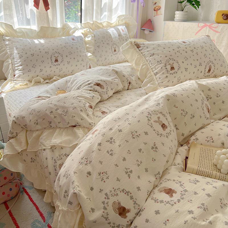 Princess Style Crinkled Gauze Lace Bedding Set - 4-Piece Washable Cotton Plaid Double Duvet Cover for All Seasons