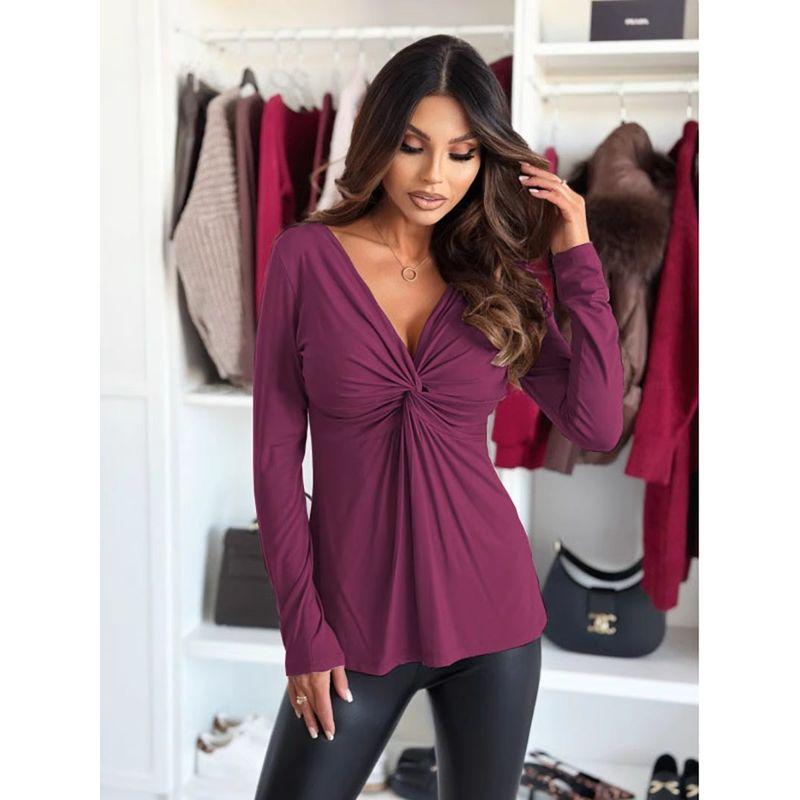 

New Spring and Autumn Women s Clothing Fashion Style Bottoming Shirt V Neck Long Sleeves Elegance Casual T-shirt Pure Color Pullover Women s Tops Fuchsia M
