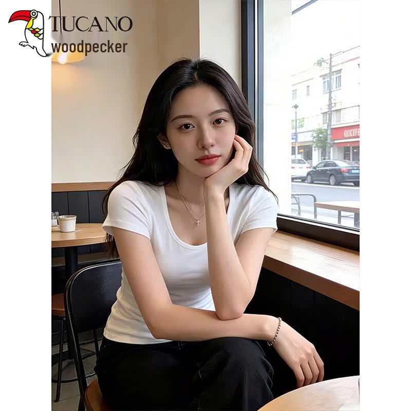 Women's Ribbed Slim Fit U-Neck Short Sleeve T-Shirt