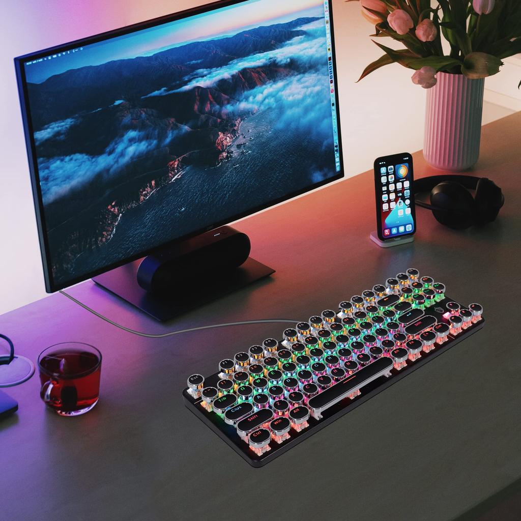 DIGIBLUSKY Mechanical Gaming Keyboard with Blue Switches, Typewriter-Style, Wired, Illuminated Backlit, Retro Design, Tenkeyless, Compact, US Layout,