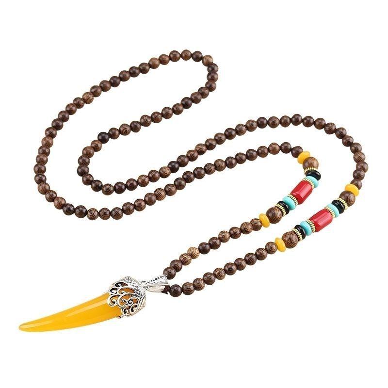 Unisex Retro Ethnic Wooden Necklace Pendant - Versatile Long Sweater Chain and Clothing Accessory
