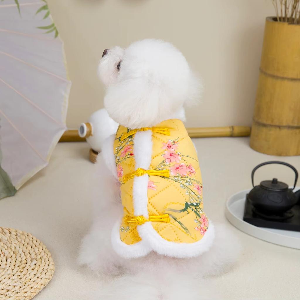 Dog -Winter Chinese- Vest: Thick Warm Tang-Suit With Floral Button For Bichon/Yorkshire