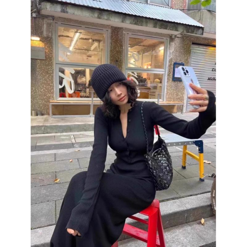 

Женское облегающее платье корейской моды с V-образным вырезом, длинными рукавами и запахом на бедрах, осень/зима 2024 г.