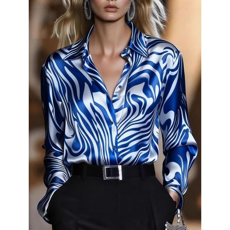 2025 Spring High Elastic Satin Leopard Print Casual Loose Button-Up Shirt for Women