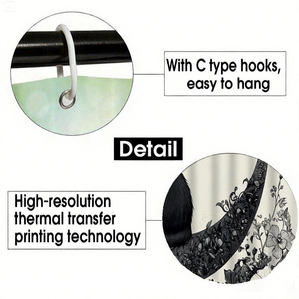Black Cat On Moon Shower Curtain 1Pc – Floral Crescent & Butterflies, Monochrome Mystical Art For Gothic Bathroom Decor