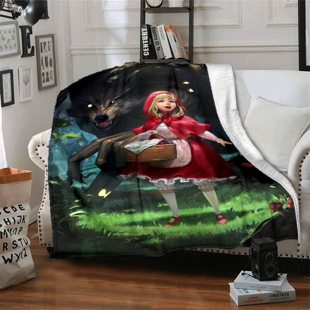 Little Red Riding Hood Big Wolf Dark Forest Fairy Tale Print Flannel Blanket Soft Warm Throw Blanket For Sofa Bedroom