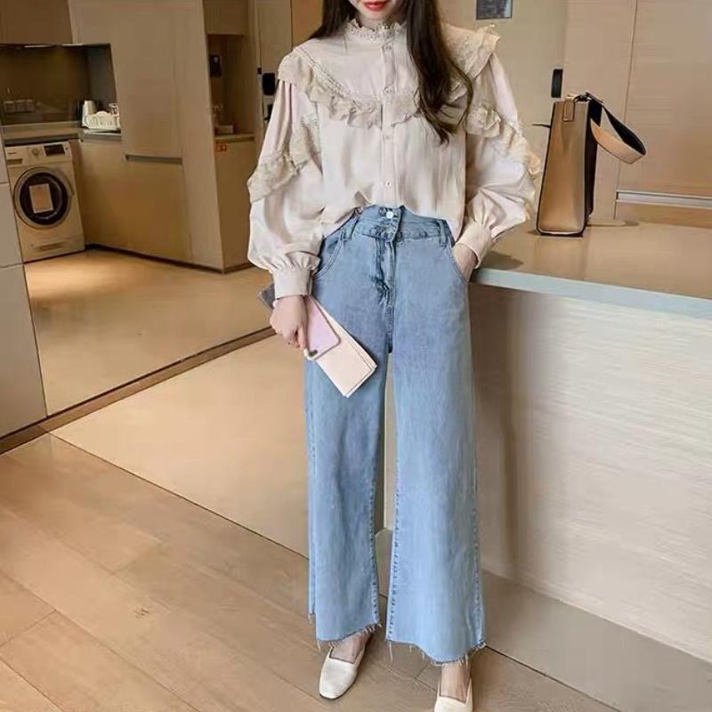 Lolita Style Höst Vår Dam Skjorta Volang Krage Aprikos Elegant Spets Splicing Kvinnlig Söt Topp Kawaii Lyktärm Blus