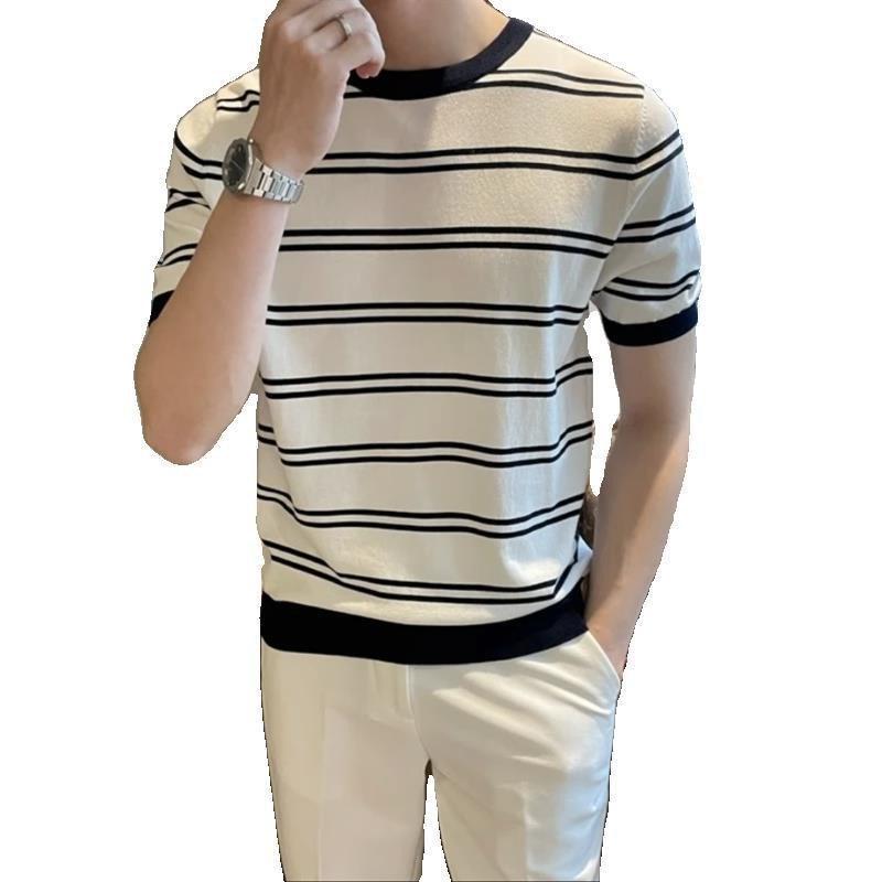 Korean Style Slim Fit Men's Striped Ice Silk T-Shirt