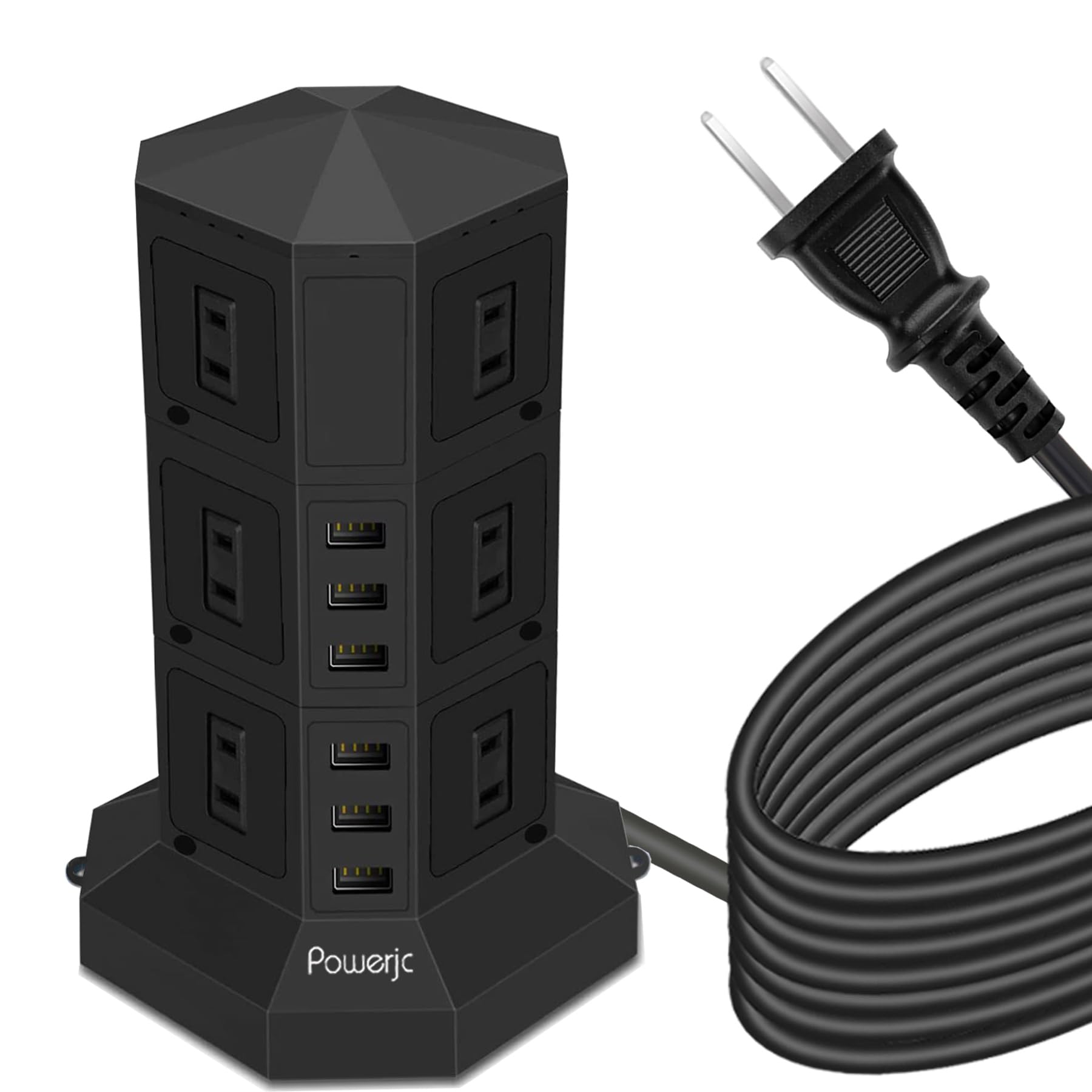 

Powerjc Vertical Tower Power Strip with 12 Outlets, 3-Layer, for Offices and Meetings, USB Fast Charging, 3m, with Switch