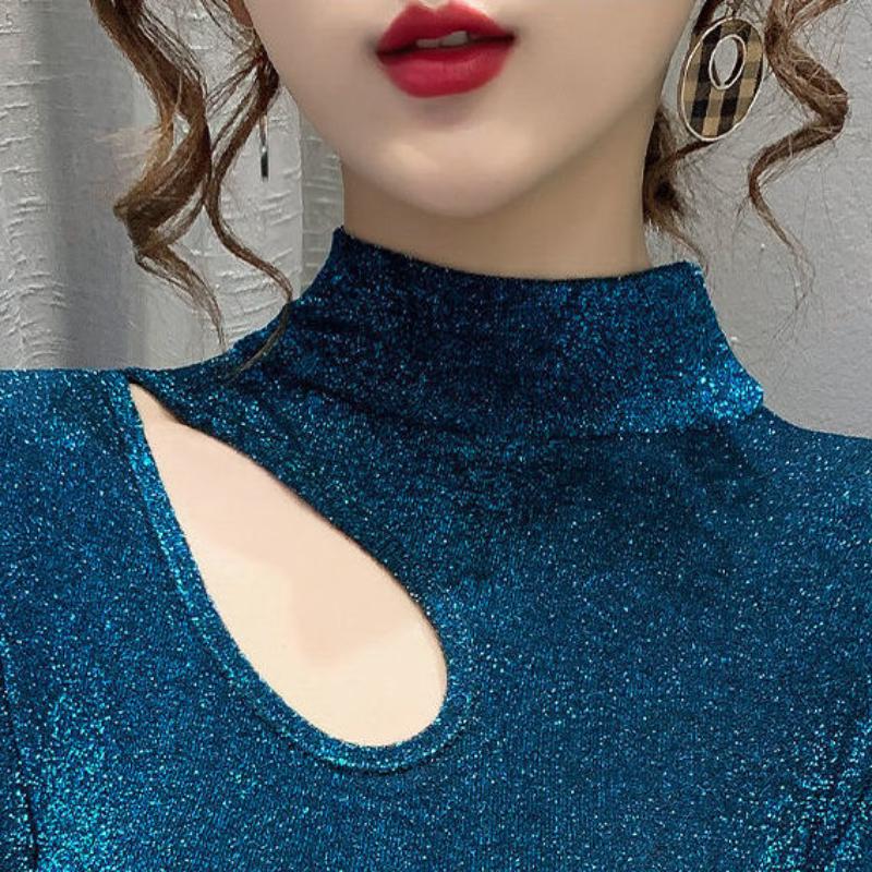 Lesklá příze Polovysoký výstřih Jednobarevné Vydlabané tričko s dlouhým rukávem Spodní halenka pro ženy na jaře