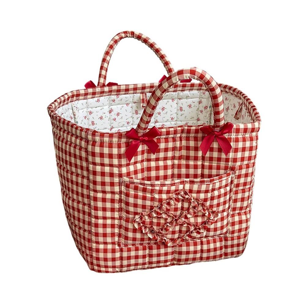 Large Capacity Red Plaid Storage Basket Handheld Nursery Storage Basket Travel