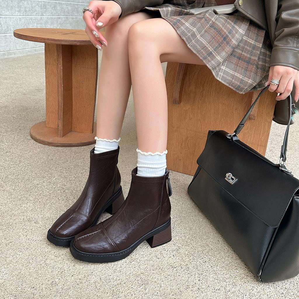 Skinny Boots Rear Zipper Short Boots Women's Retro Heightening Pleated High Heels Texture Commuter British Martin Boots
