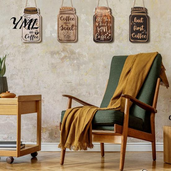 Coffee Station Hanging Decoration 4Pcs Bar Wooden Wall Sign, Farmhouse Rustic Mason Jar Kitchen Sign Decoration, Art Plaque for Cafe Dining