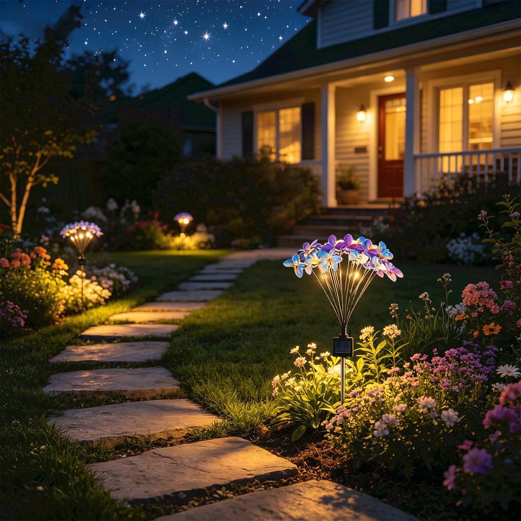 Solar Butterfly Flower Garden Light LED Outdoor Yard Lawn Decorative Lamp with Multiple Butterfly Design and Flexible Stems for Landscape Lighting