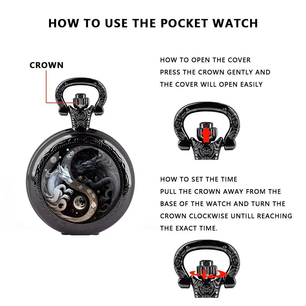 Vintage Retro Svart Hvit Dobbel Drage Yin yang Kvarts Unisex Menn Kvinner Lommeur Kvarts Halskjede Anheng Klokke Kjede Klassisk Skive Smykker Gave