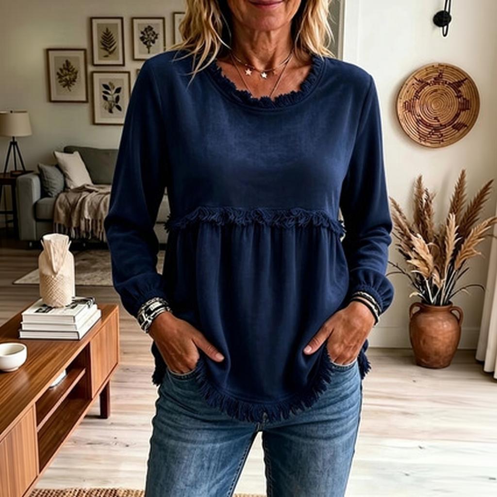 Womens Loose Fit Long Sleeve Top with Lace Trim Stitching Solid Color Casual Blouse Lightweight Comfortable Pullover Shirt