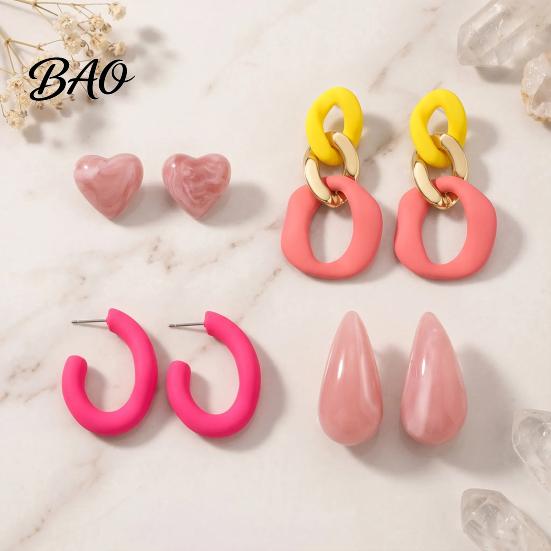 Modern Aesthetic Earring Jewelry 4 Pairs Chunky Statement Earrings for Women, Geometric Hollow Chain, C-shape Lightweight Drop Women Hoop, Heart,