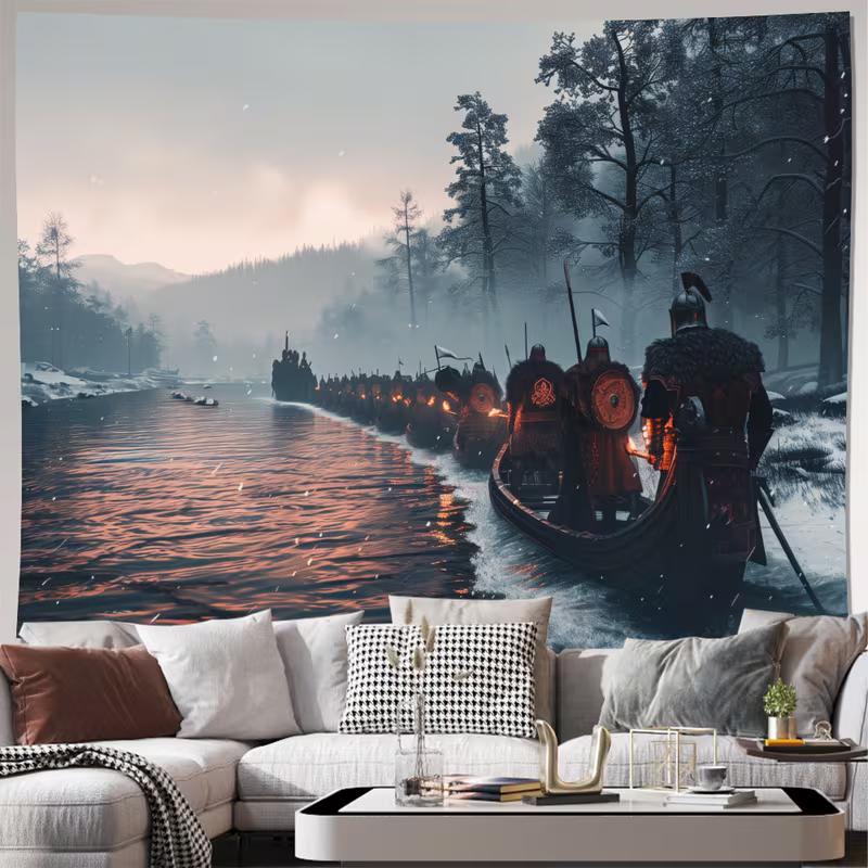 

2D Viking Raiding Fleet Winter Voyage Tapestry Norse Warriors Boat River March Wall Art Background Cloth 47.2x31.5inch/120*80cm