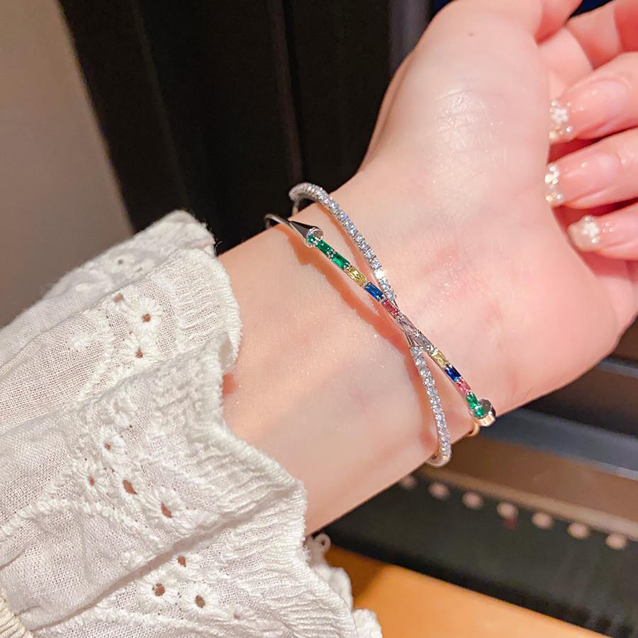 Copper Zirconia Geometric Bangle Bracelet With Vintage Finish For Fashionable Office Wear Style A