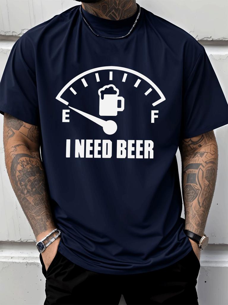 Unisex Crew Neck Tee Fuel Gauge I Need Beer Funny Slogan Print Short Sleeve Top Summer Outdoor Loose Soft Casual Basic Daily Wear