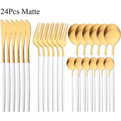 Λευκό χρυσό Σετ μαχαιροπήρουνων 24 τμχ Ματ σερβίτσιο σερβίτσιο δυτικού μαχαιριού Μαχαίρι πιρούνι κουτάλια από ανοξείδωτο ατσάλι Σετ επιτραπέζια σκεύη κουζίνας ασημικά